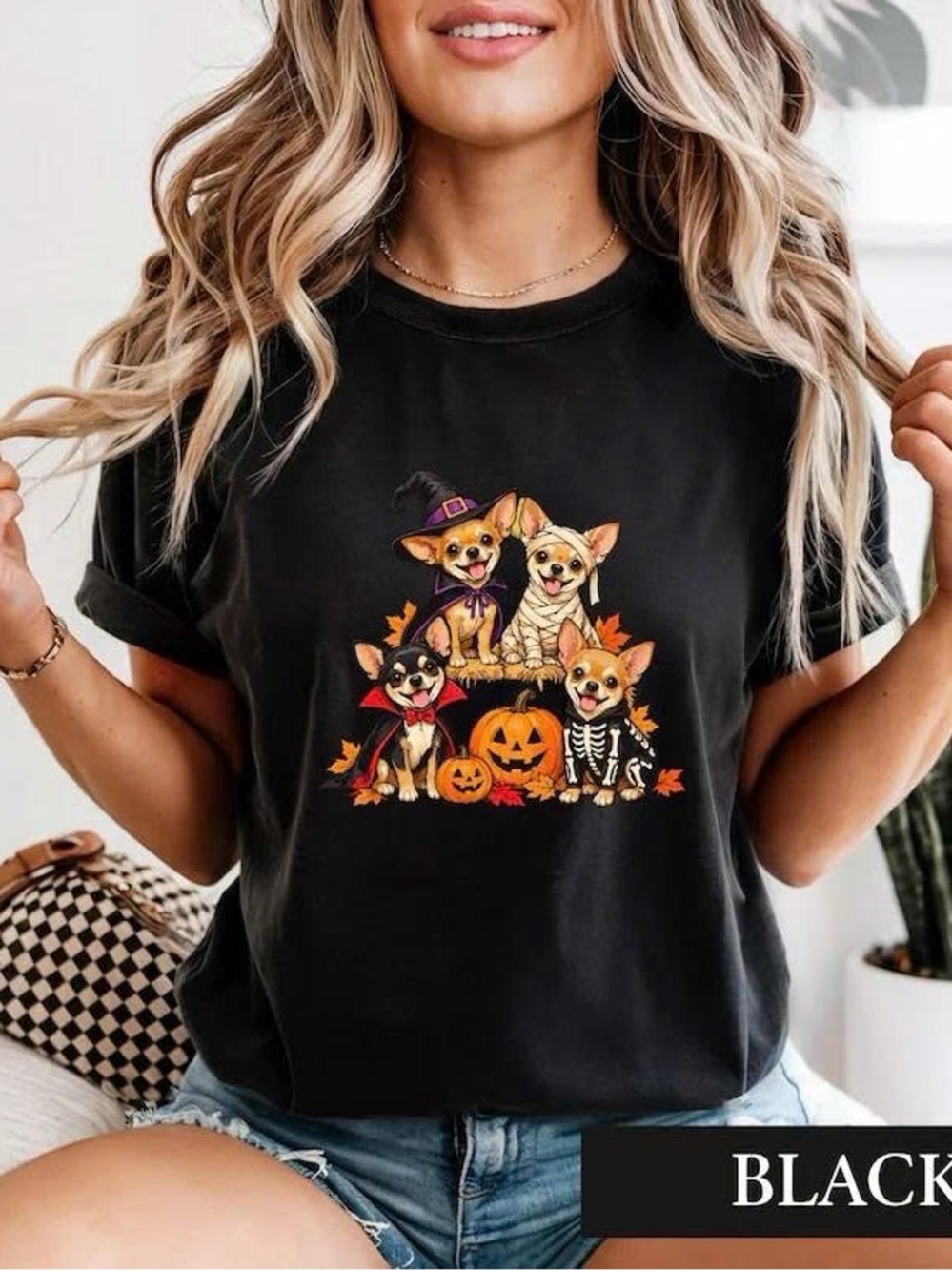 Black Halloween Chihuahua Graphic Cat Tee - Cute Costume Design